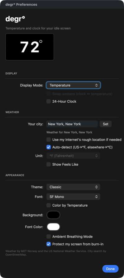 degr settings window with Display, Weather and Appearance sections